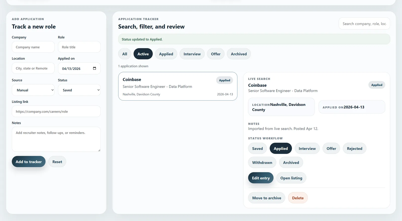 Tracker: applications moving through the saved → applied → interview → offer pipeline.