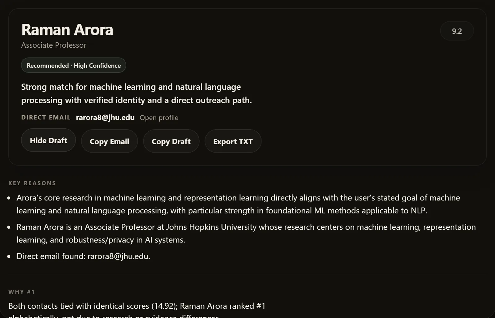 A personalized outreach draft generated only for recommended contacts, grounded in the retrieved evidence.