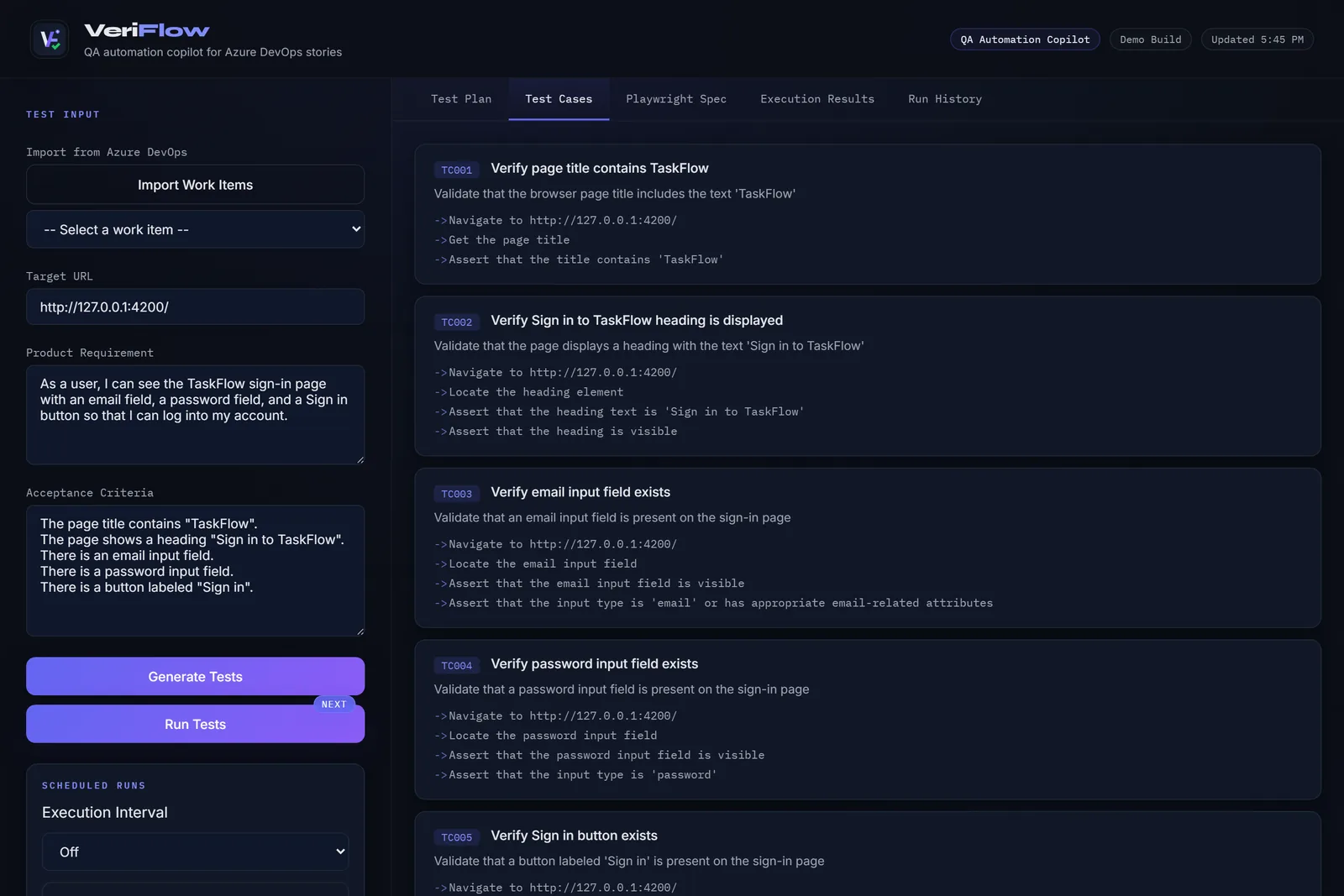 Test cases generated from a user story and its acceptance criteria.